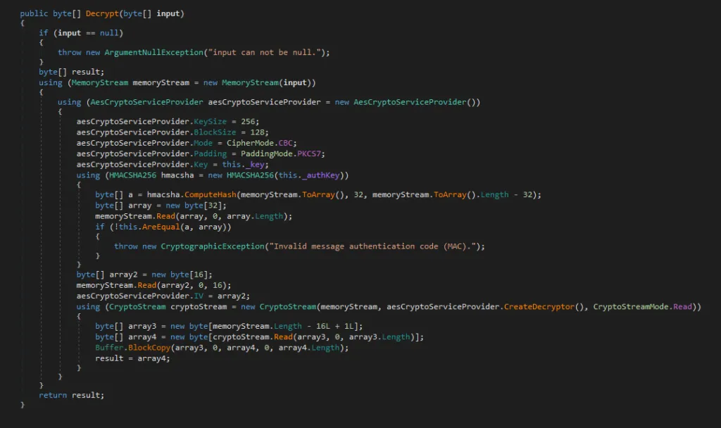 Example of AsyncRAT method that decrypts data using AES.