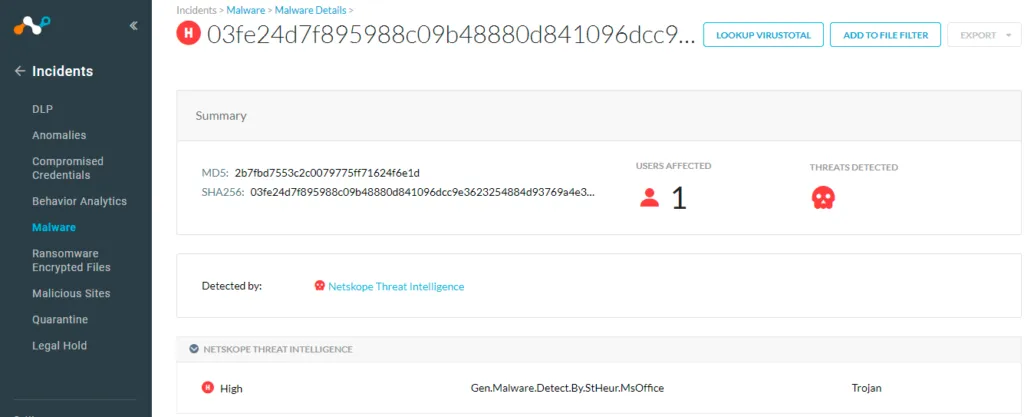 Screenshot showing the detection for 2b7fbd7553c2c0079775ff71624f6e1d, indicating it was detected by Netskope Threat Intelligence with detection name as Gen.Malware.Detect.By.StHeur.MsOffice