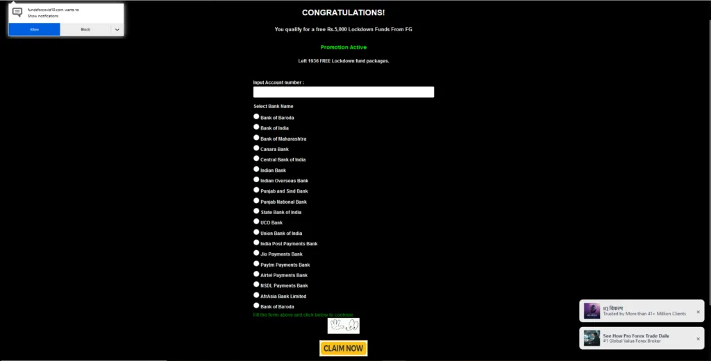 Screenshot showing message displayed on visiting  https://fundsforcovid19[.]com/2.html?