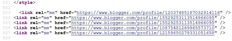 Screenshot showing Blogger profiles in the webpage source