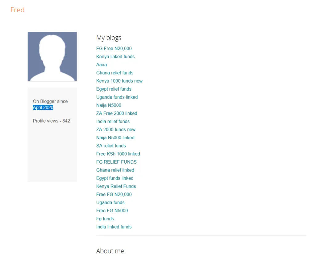 Screenshot showing Blogger profile containing the scam links