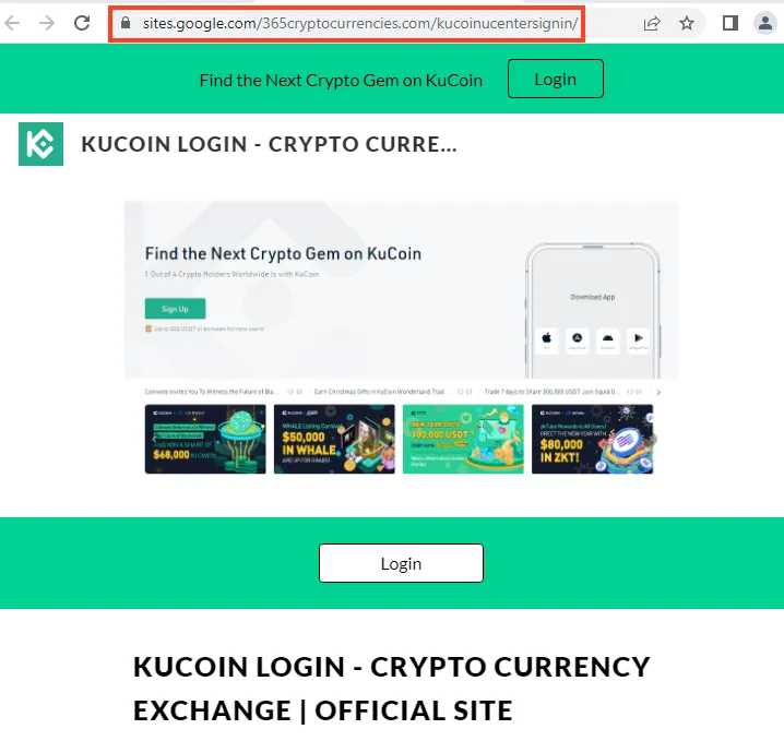Screenshot of Website mimicking KuCoin, following the same phishing pattern.