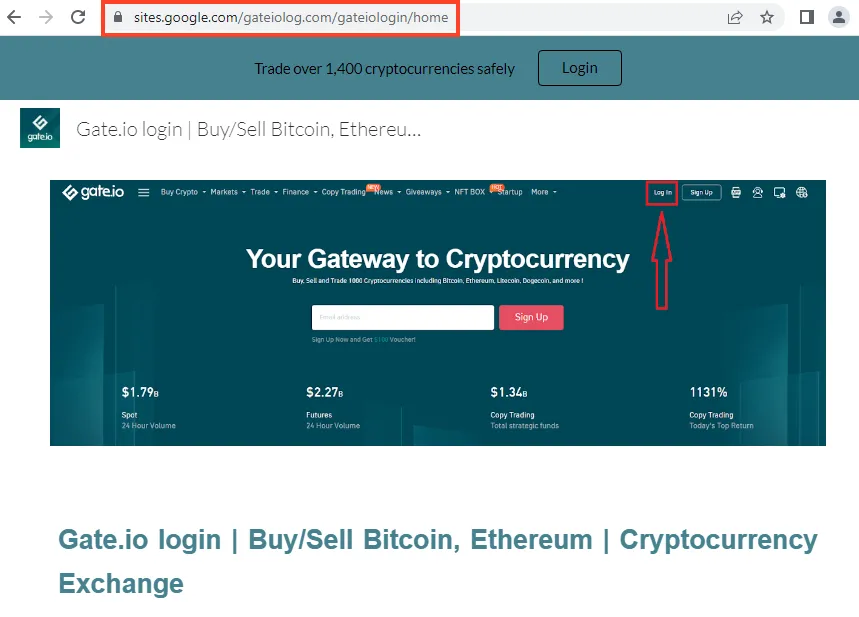 Screenshot of Website mimicking Gate.io, following the same phishing pattern.