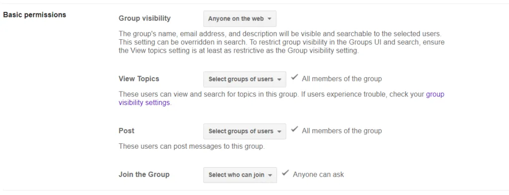 Screenshot showing personal Google groups default settings