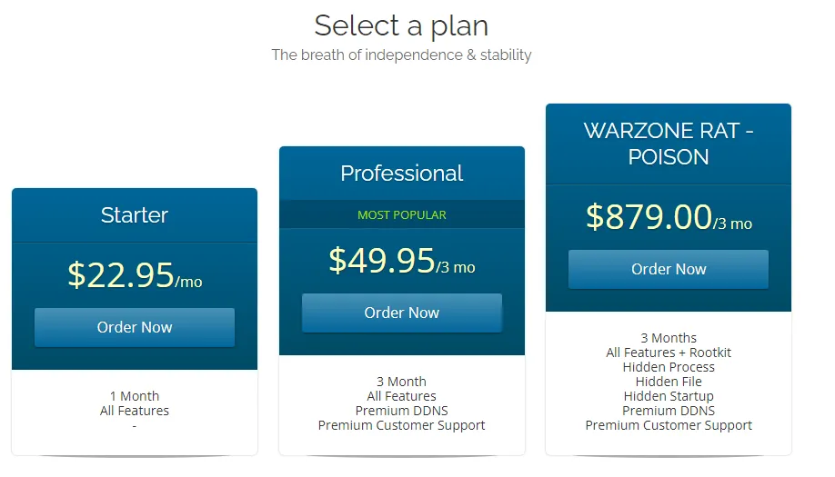 Screenshot of Warzone RAT prices.