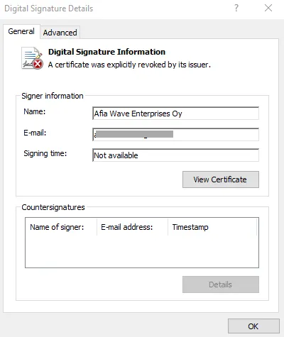 Screenshot of DBatLoader digital signature.