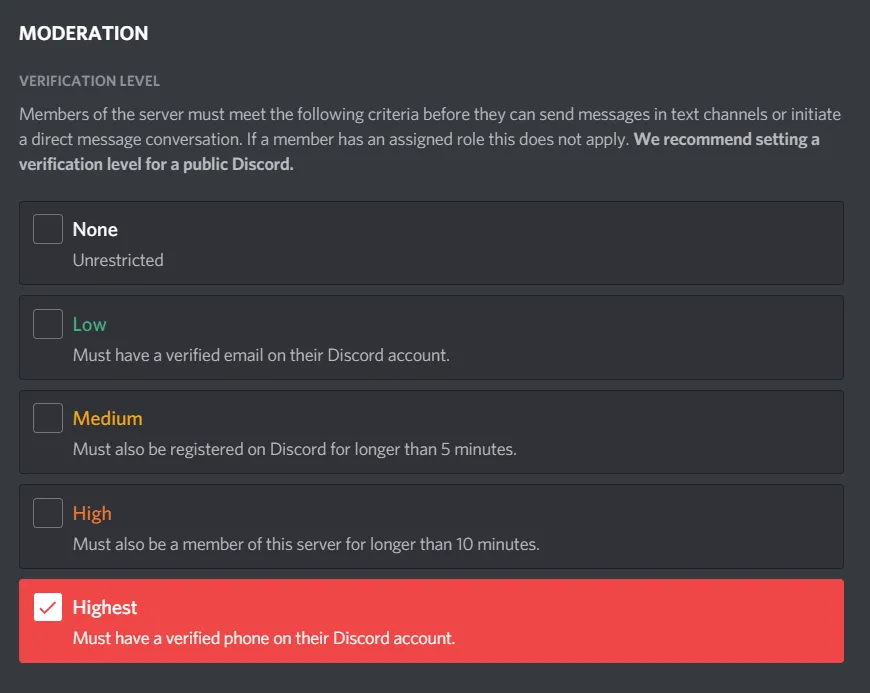 Screenshot of Discord moderation verification level