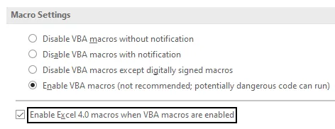 Screenshot of option to enable Excel 4.0 Macros.