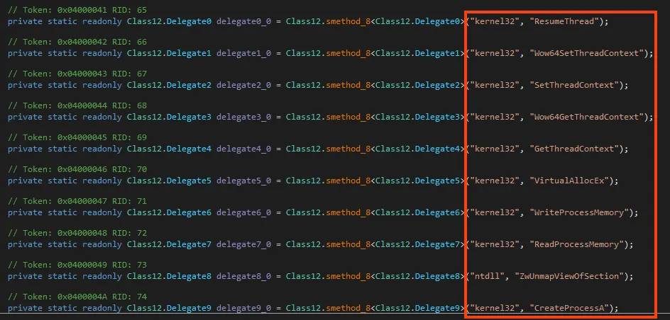 Screenshot of APIs related to Process Hollowing.