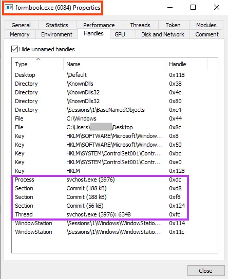 Screenshot of Formbook injecting itself into another process.