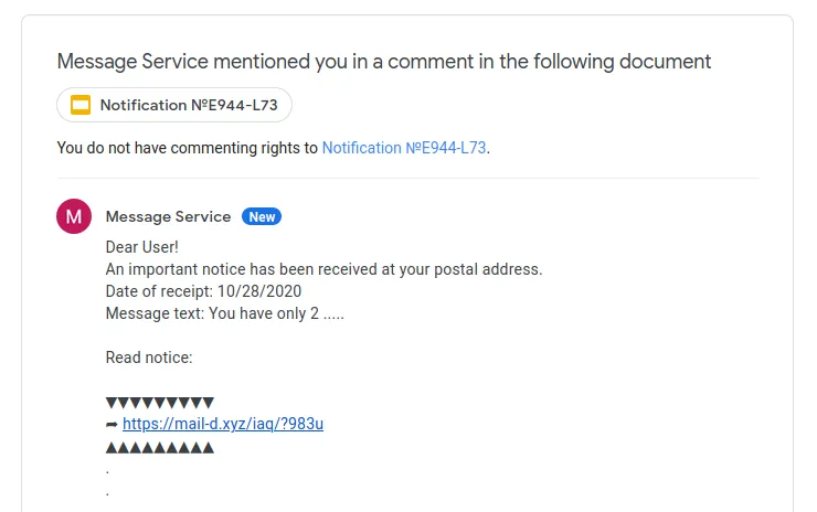 Screenshot showing Google Docs Spam message