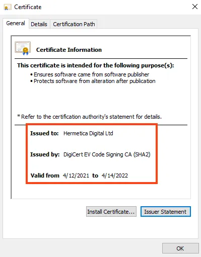 Example of Certificate used in HermeticWiper.