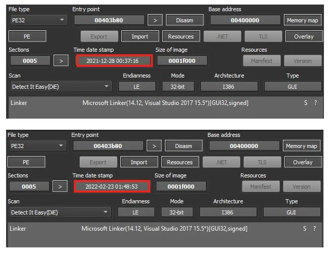 Screenshot of Compilation date of both HermeticWiper samples