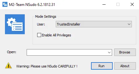 Screenshot of GUI from downloaded file “NSudo”.