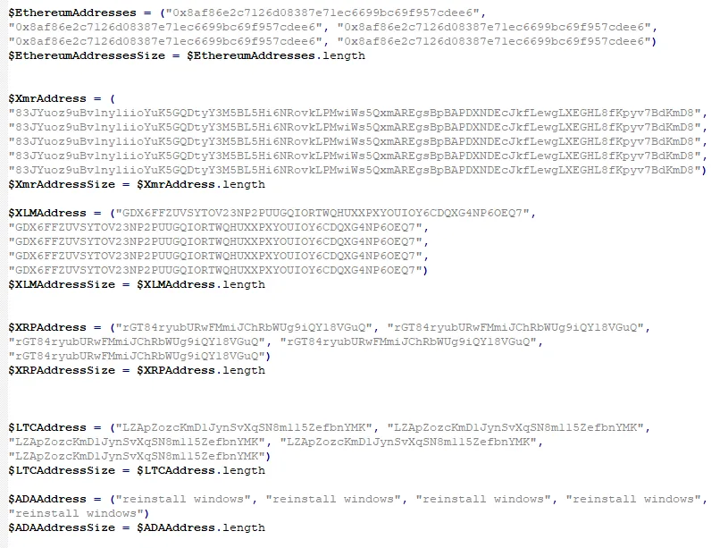 Screenshot of cryptocurrency addresses used by the attacker.