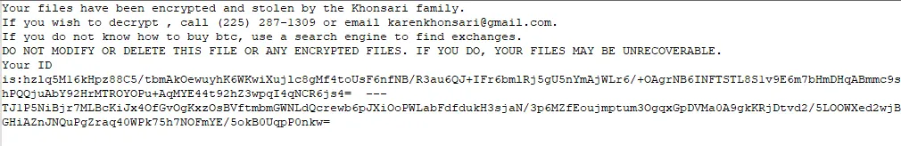 Screenshot of Khonsari ransom note.