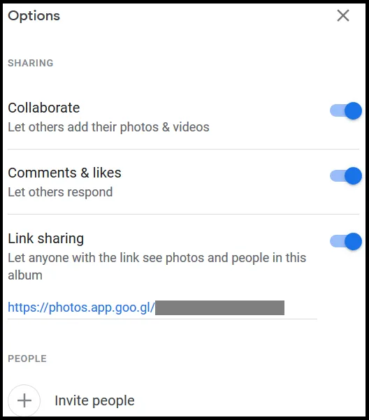 Screenshot showing the default link sharing settings for Google Photos
