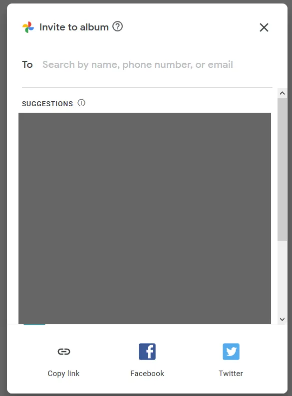 Screenshot of the sharing options for Google Photos