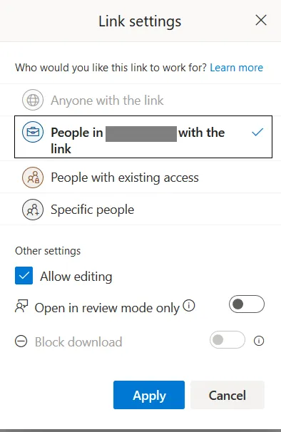 Screenshot showing link sharing settings in O365 Business accounts