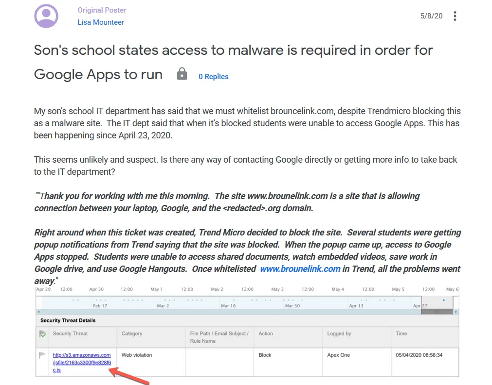 Screenshot of Google Chrome help section article about brounelink[.]com