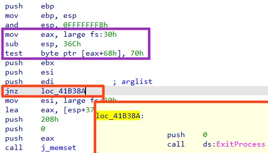 Screenshot of basic anti-debug technique.