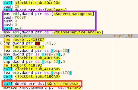 Screenshot of LockBit checking if the process is privileged.