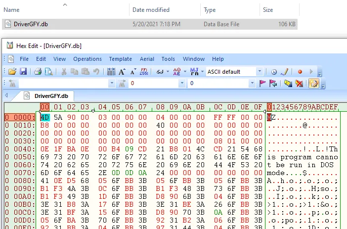 Screenshot of the HexEdit view of the payload after it has been decoded using certutil.exe
