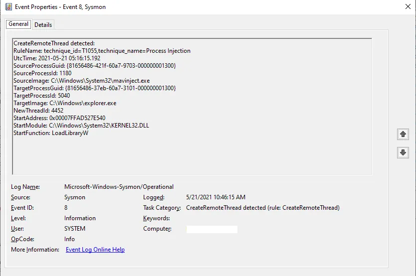 Screenshot of the SysMon capture of Process Injection into Explorer.exe.