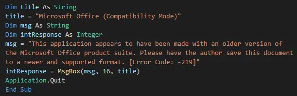 Screenshot of VBA code displaying a fake message and exiting.