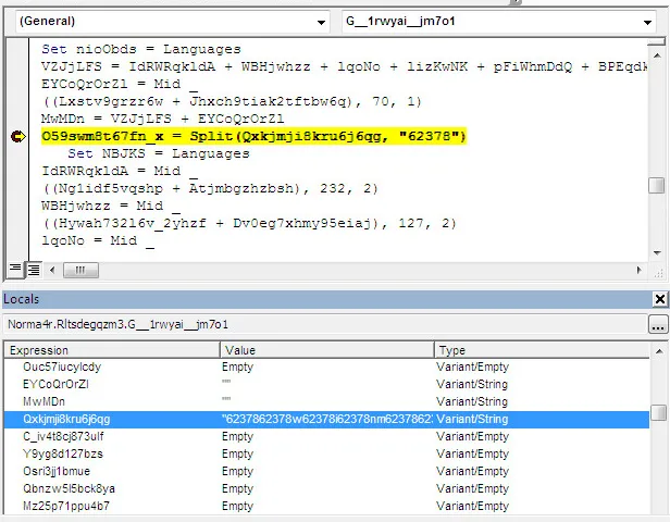 Screenshot showing obfuscated PowerShell script sample, hiding the fact that it uses WMI.