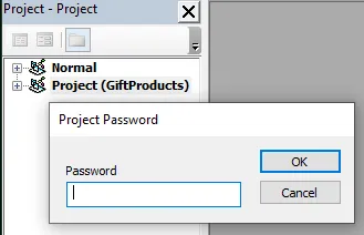 Example of VBA project protected by password.