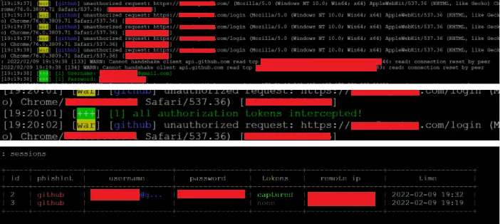 Screenshot showing the redacted sensitive data this kind of phishing attack can capture