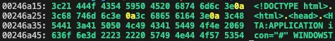 Hex dump of the polyglot file showing the MP3 sync word at offset zero and the embedded HTA payload deep inside the file