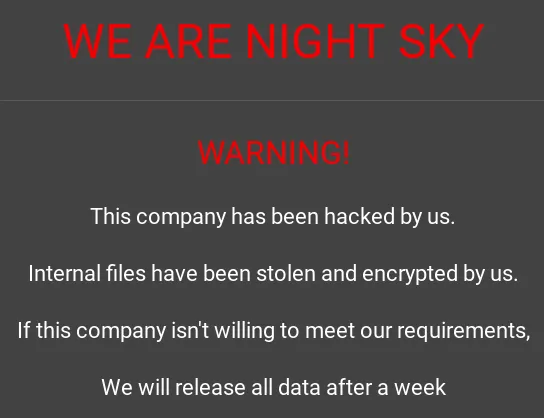 Example of Night Sky ransomware message in their deep web site.