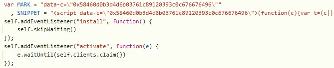 Service Worker source showing MARK and SNIPPET constants carrying the contract address, plus install and activate handlers calling skipWaiting and clients.claim